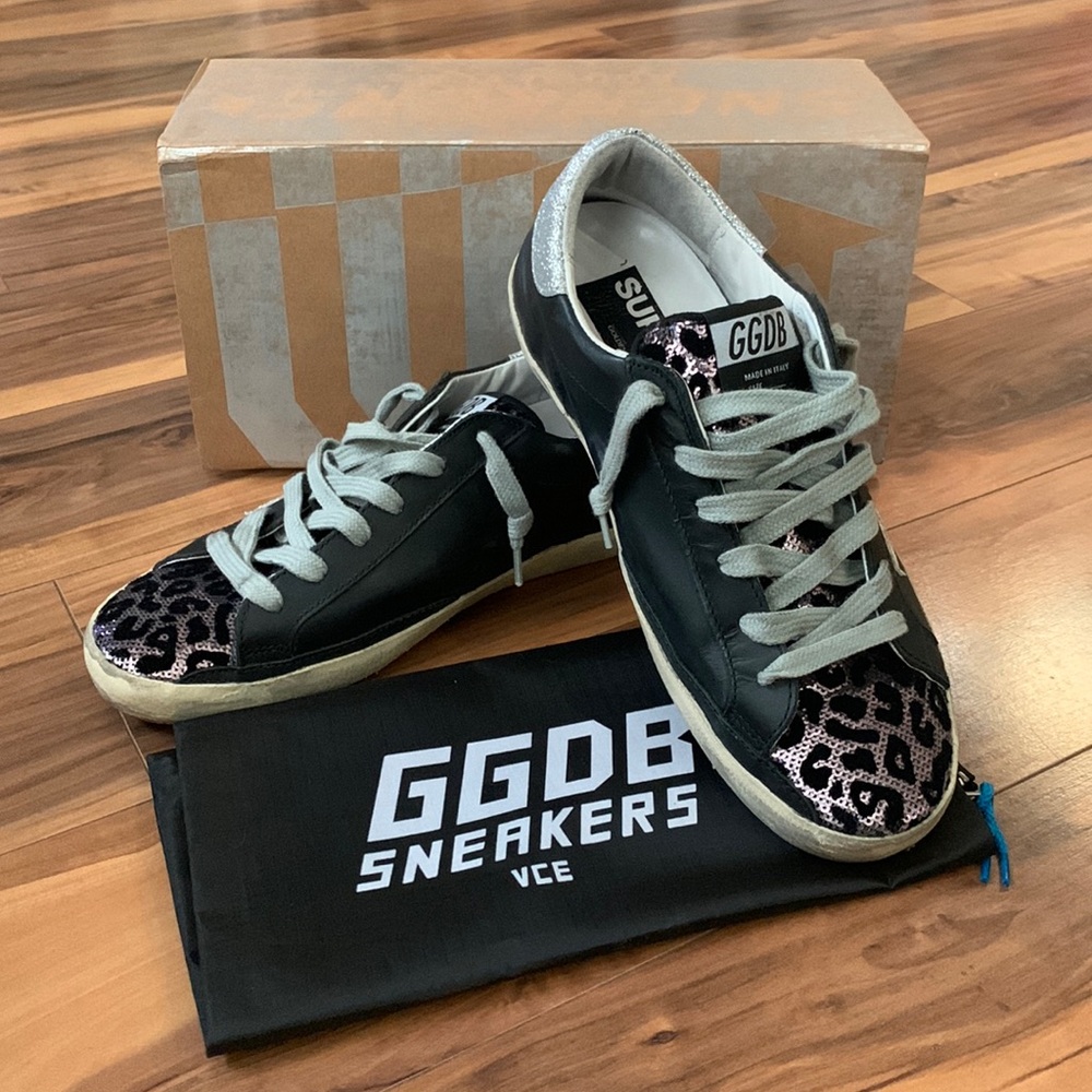 Golden Goose Black Leather Sneakers with Pink Leopard Toe Caps